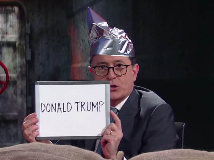 Stephen Colbert comes up with crazy conspiracy theories about Trump and Clinton