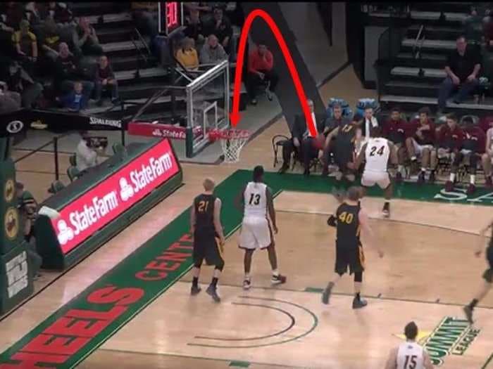 North Dakota State player sinks one of the crazier shots you will ever see - in the wrong basket