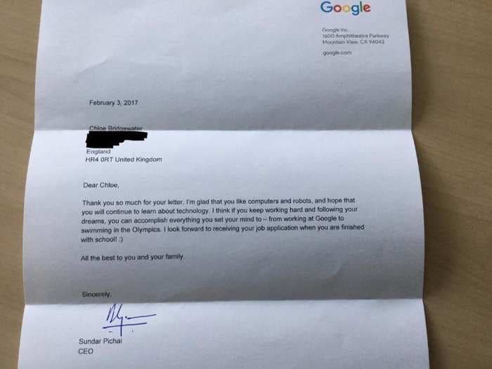 A 7-year-old girl asked Google for a job - and got a personal response from CEO Sundar Pichai