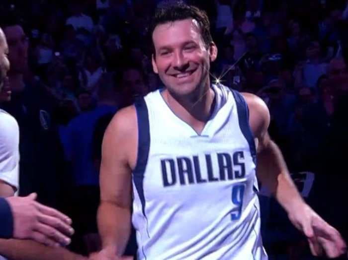 Tony Romo dressed for the Dallas Mavericks and was introduced with the starting lineups