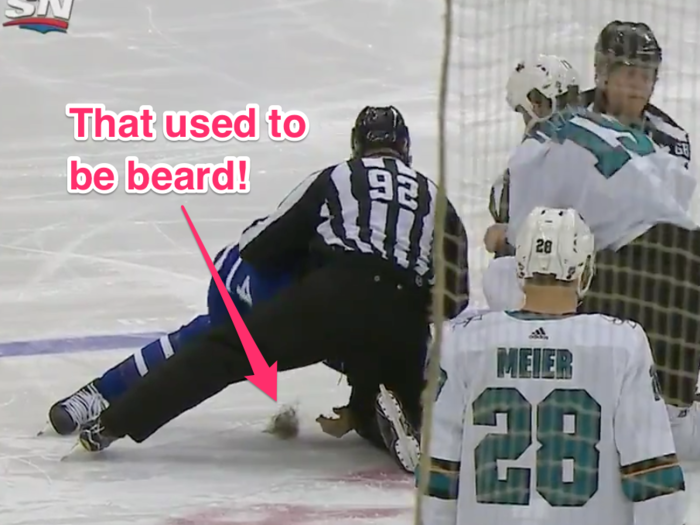 Sharks' center Joe Thorton had a large chunk of his beard ripped out in a fight that started just 2 seconds into a game