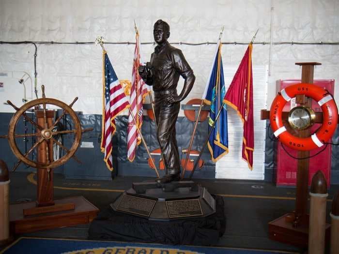 Gerald Ford was clumsy even as a sailor - and now the aircraft carrier that bears his name has a statue immortalizing it