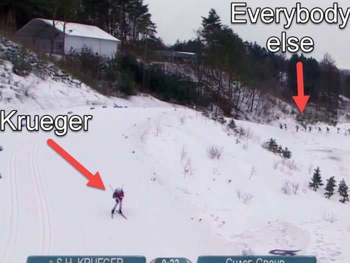 Norwegian skier fell and broke a pole at the start of the skiathlon and then easily passed 67 others to win gold with nobody else in sight