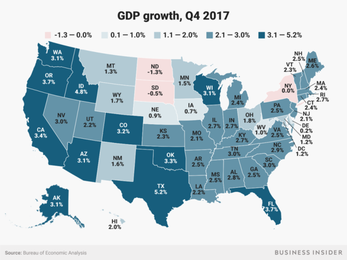 How quickly each US state's economy is growing, in one map