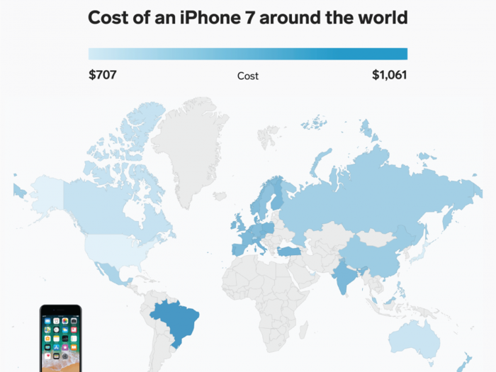 This map shows how much the iPhone 7 costs around the world