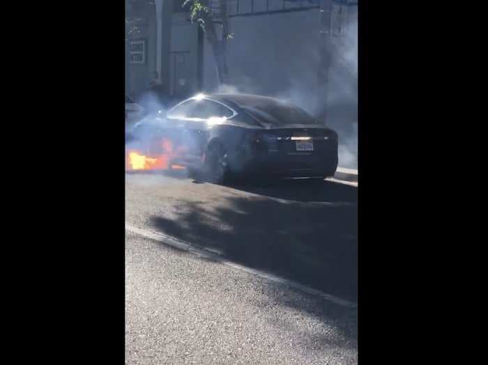 Actor Mary McCormack shared a video of her husband's Tesla catching fire in LA