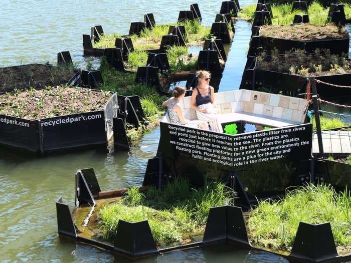 A new 'floating park' made out of recycled plastic waste has popped up in the Netherlands