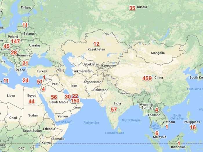 This map shows the huge international reach of Costa Coffee, the mega-chain which Coca-Cola just bought for $5.1 billion