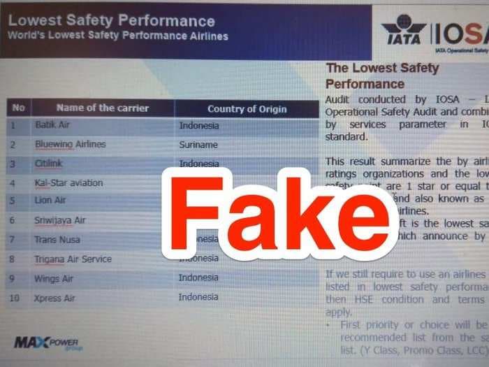 A viral rumor after the Lion Air crash claims the airline already had the worst possible safety rating - but it isn't true