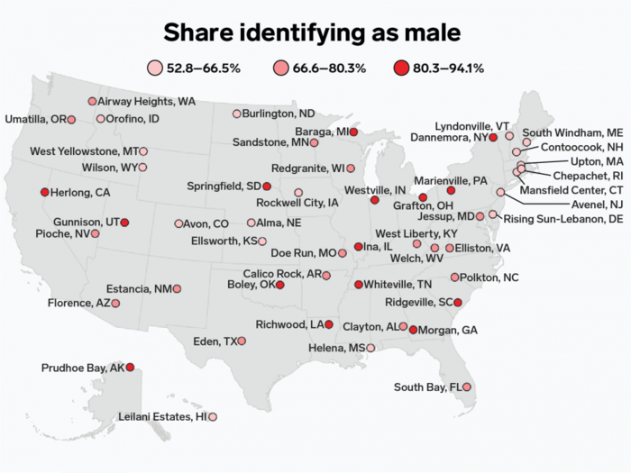Here's the town in every US state with the most male and female residents