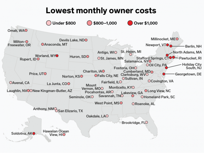 Here's the least expensive town for homeowners in every US state