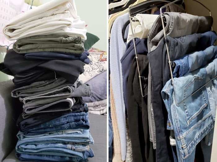 These $12 pant hangers save me a ton of space in my tiny closet - each one holds at least 5 pairs