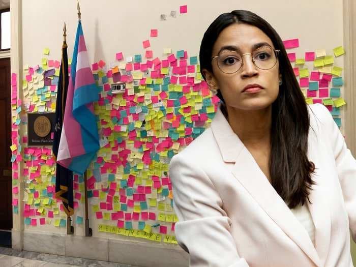 No other member of Congress has a wall like this - take a look at the hundreds of notes plastered outside Alexandria Ocasio-Cortez's office