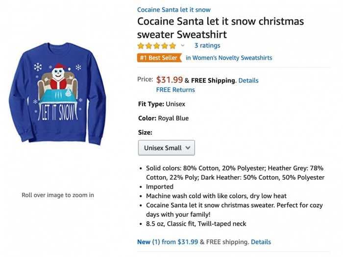 The cocaine Santa sweatshirt that landed Walmart in hot water is a best-seller on Amazon, and it reveals a gaping hole in the tech giant's strategy