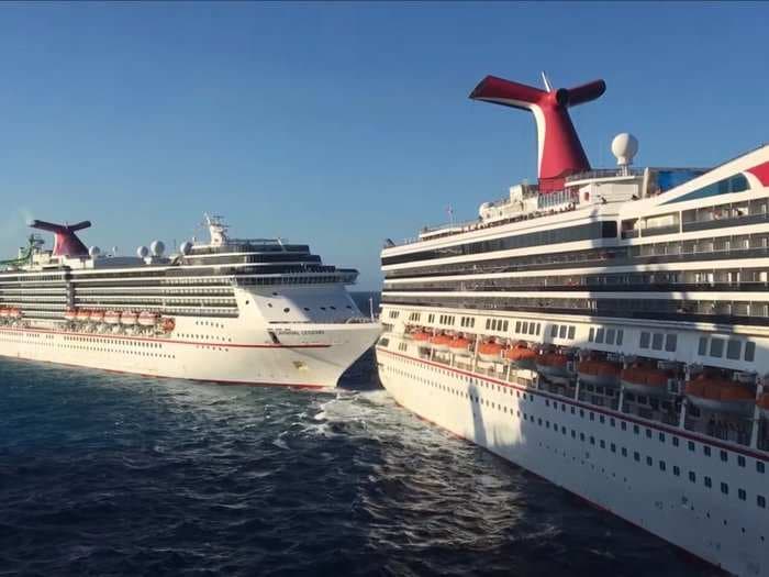 Passengers aboard two crashed Carnival cruise ships recount the moment of collision captured on dramatic video