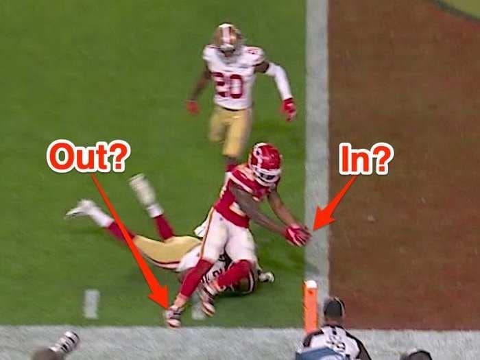 The biggest play of the Super Bowl came down to a narrow review that ruled a Chiefs running back broke the end zone plane before stepping out of bounds