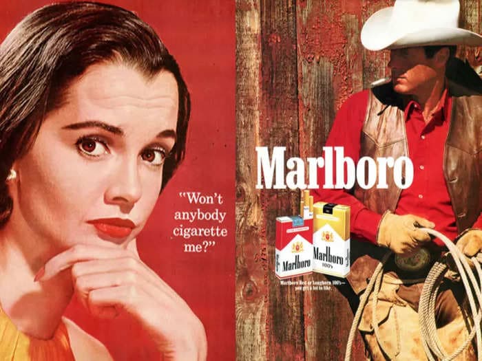Vintage ads show the hidden legacy of the Marlboro Man. The brand first became popular as a women's cigarette.