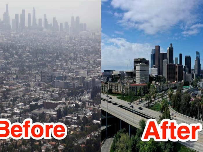 Before and after photos show how stay-at-home orders helped Los Angeles significantly reduce its notorious smog