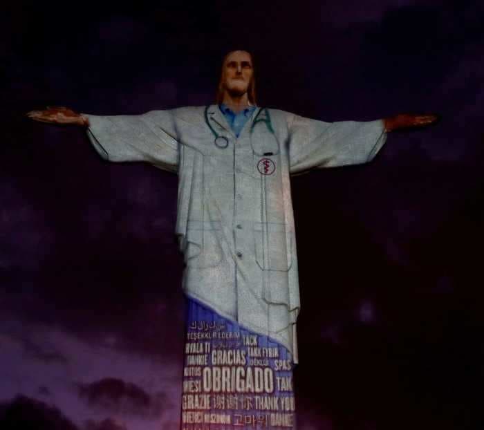 Rio De Janeiro's Christ the Redeemer was lit up wearing a doctor's white coat and stethoscope to honor the world's healthcare workers