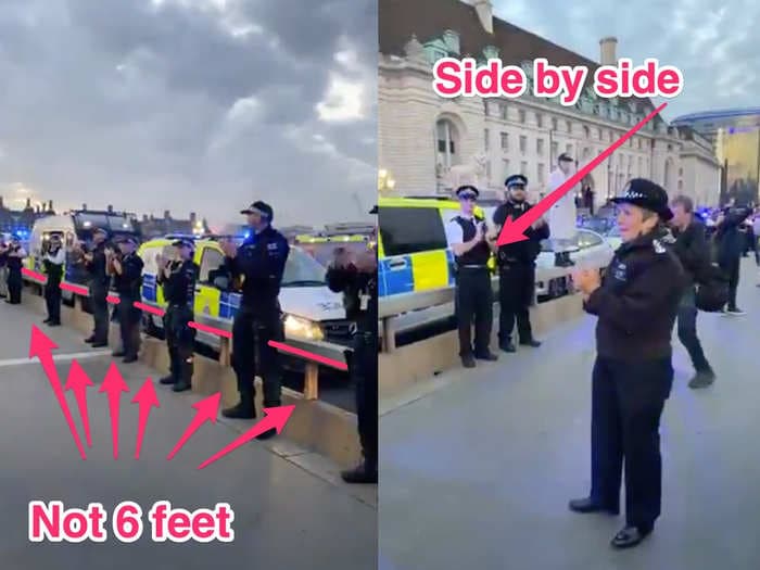 People are calling out London police for cramming onto a bridge to applaud health workers, despite the lockdown rules they are meant to enforce