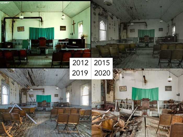 A series of photos taken over 8 years shows how nature is slowly claiming an abandoned church