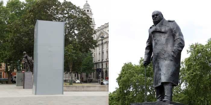 London covered a statue of Winston Churchill outside parliament with a box after it was spray-painted with the word 'racist' in mass protests