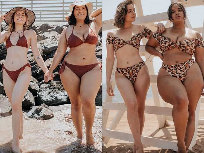 2 friends with different body types are posing in the same swimsuits to prove that anyone can wear a bikini