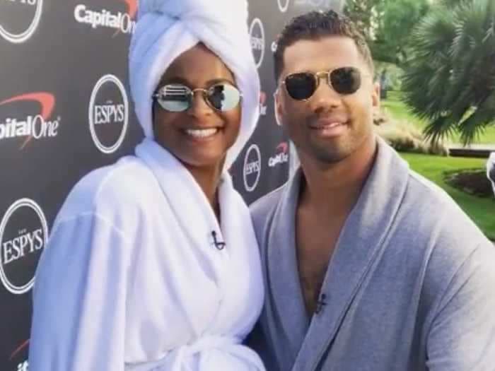 Ciara and Russell Wilson wore bathrobes and sunglasses for a DIY red-carpet appearance in their backyard