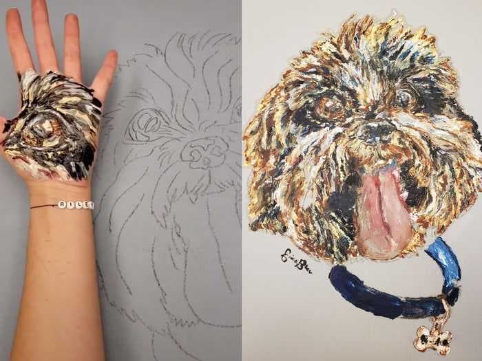 An artist uses her hand as a stamp to paint intricate portraits of dogs