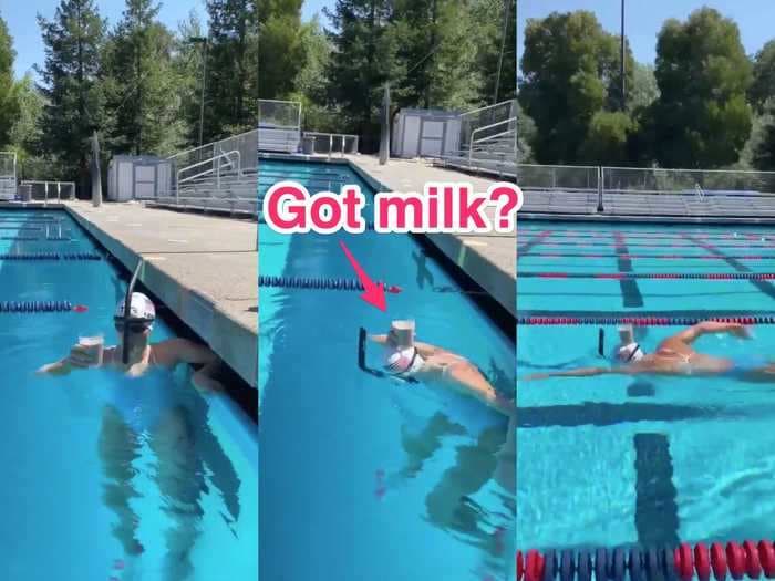 Katie Ledecky can't compete in the Olympics this summer, but she did swim the length of a pool with a glass of chocolate milk balanced on her head