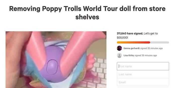 Hasbro pulls Trolls doll amid uproar over a 'giggle' button between its legs, which critics say promotes child abuse