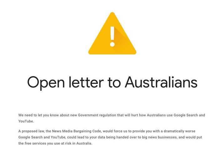 Google's letter warning that a new Australian law threatens free YouTube and search contains 'misinformation,' according to the country's consumer watchdog