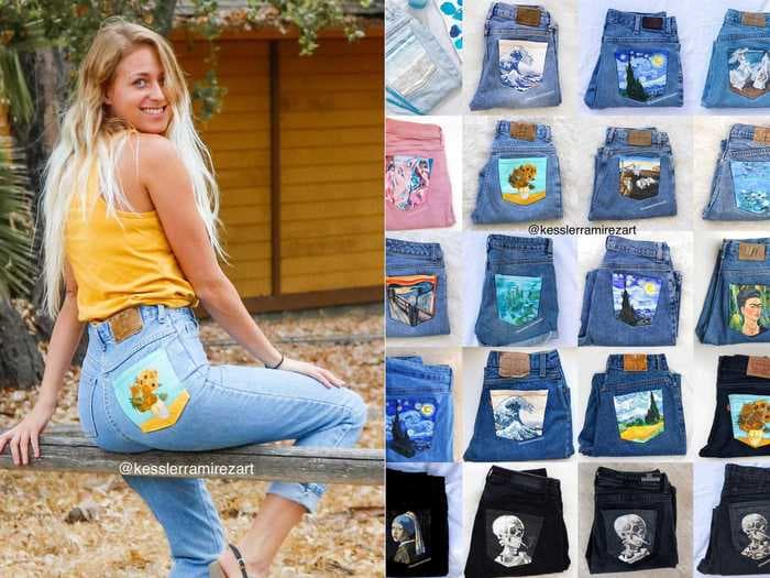 An artist transforms old jeans with designs inspired by famous paintings from Van Gogh and Monet