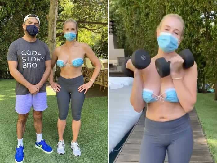 Chelsea Handler shared a photo in her viral DIY bra made out of face masks for her trainer's birthday