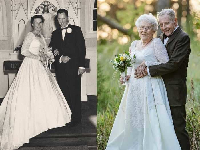 A couple wore their original wedding attire for an adorable 60th anniversary photo shoot
