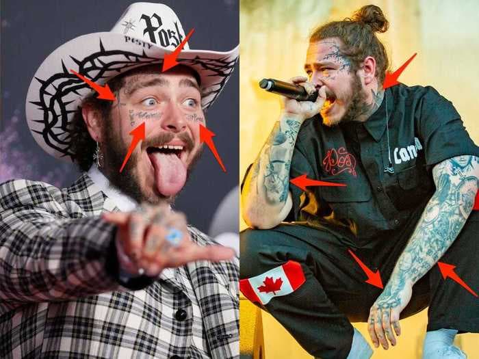 Post Malone has more than 65 tattoos (and counting). Here's where they are and what they all mean.