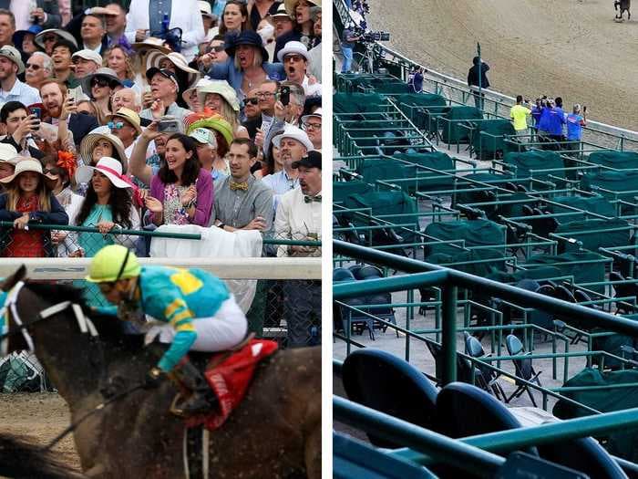 Photos show a surreal scene at the Kentucky Derby during the pandemic, with almost no fans in the stadium and protests demanding justice for Breonna Taylor