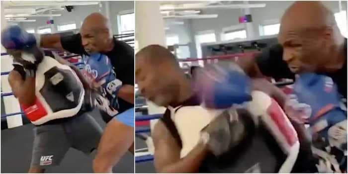 Mike Tyson came inches from knocking his trainer clean out with a series of ferocious punches in his latest comeback training video