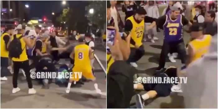 Video appears to show a group of Lakers fans attacking a man who apparently yelled 'F--- Kobe' during NBA title celebrations in Los Angeles