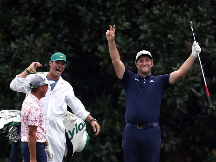 Jon Rahm hit the most absurd shot of the Masters before the tournament began, skipping his ball across the water for a hole-in-one