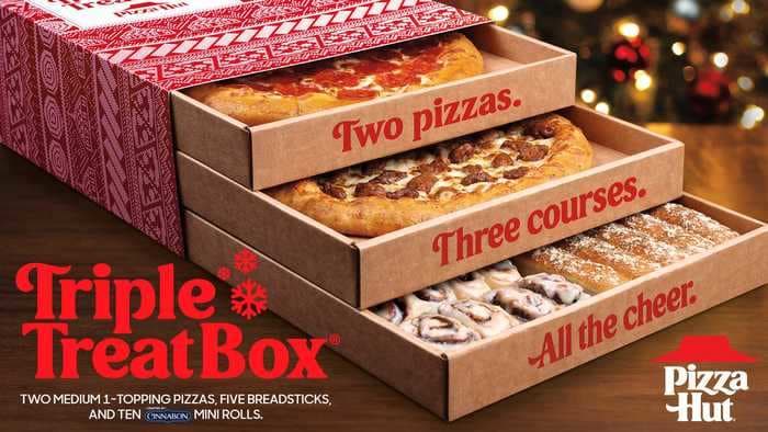 Pizza Hut is now selling this 3-tier pizza box, which comes with 2 pies, breadsticks, and Cinnabon mini rolls