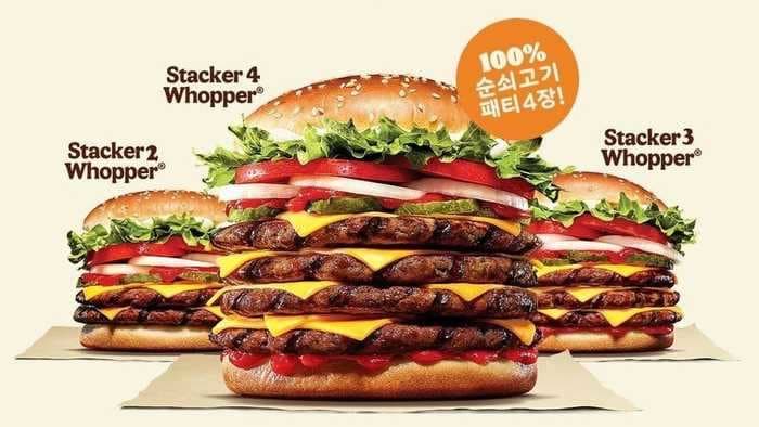 Burger King is selling this 1,707-calorie burger with 4 beef patties in South Korea - and you can get a 5-patty version if you order off-menu