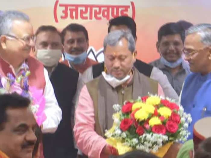 Former Uttarakhand Chief Minister Trivendra Singh announces Tirath Singh Rawat as new CM