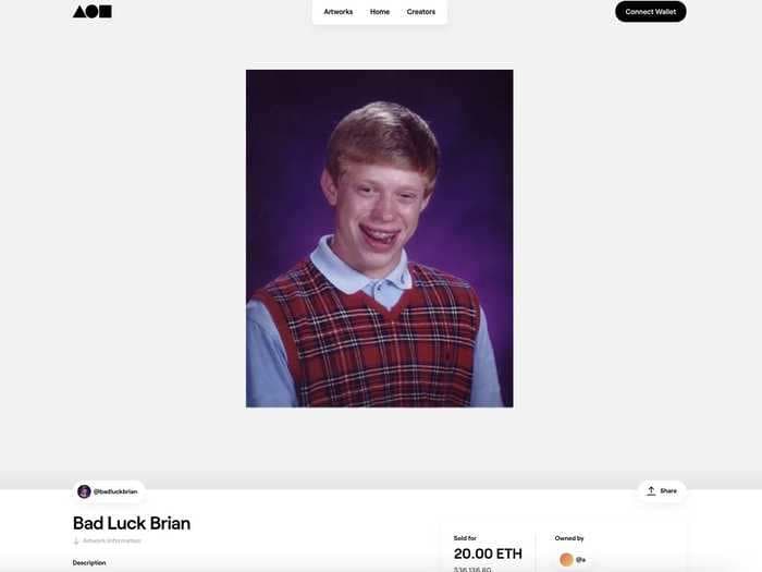 The guy in the famous 'Bad Luck Brian' meme sold it as crypto-art for $36,000