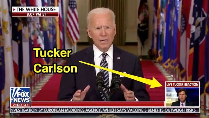 Fox News bizarrely aired Tucker Carlson's live reactions to Biden's prime-time speech