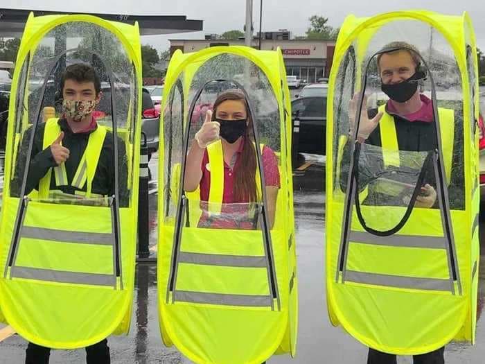 How wearable pods designed to keep spectators dry at sporting events came to be used by drive-thru workers at Chick-fil-A and Dunkin'