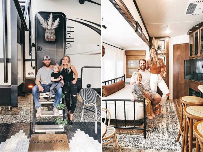 A family of 3 lives in a stylish RV with a laundry room, kitchen island, and walk-in closet. Take a look inside.