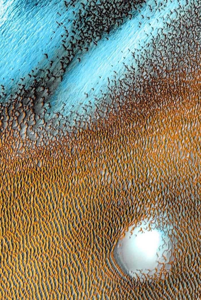 NASA shares breathtaking image of a wind-sculpted sea of blue dunes on Mars taken by the Odyssey orbiter