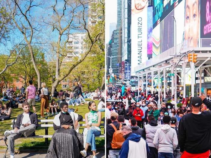 Photos show how crowded New York City is becoming as vaccinations ramp up - and locals say the energy of the city is coming back