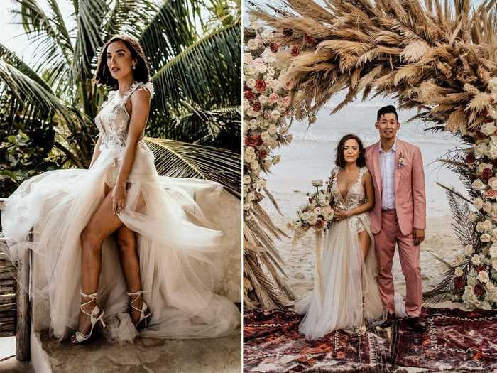 A bride wore a sheer, sparkly dress with a dramatic slit to her intimate destination wedding in Tulum